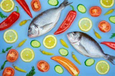 Dorado balığı ve sebze: salatalık, domates, biber, limon mavi arka planda bulunur. Mutfak için arkaplan dokusu