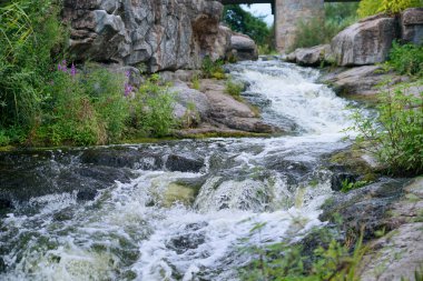 Dağ şelalesi ve taşın üzerindeki yeşil yosun.
