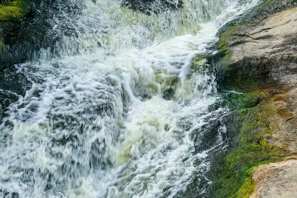 渓流の滝と石の緑の苔 — ストック写真
