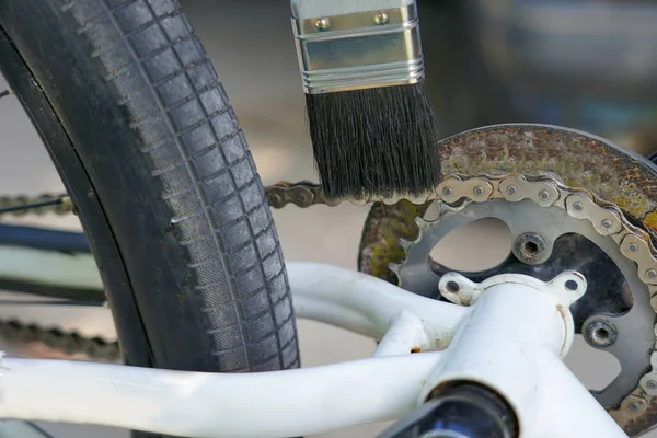 a brush for cleaning the bike chain near the bike chain