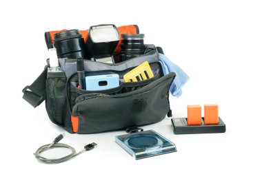 Fotoğraf seti, aksesuarlı fotoğraf çantası: lensler, şarj aleti, temizlik seti, filtre.