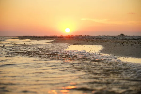Deniz kenarında gün batımı. Güneş ışınları deniz köpüğüne yansıyor.