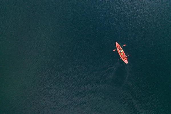 Kayak Floats River Aerial View Top View Drone Two Guys — Stock Photo, Image