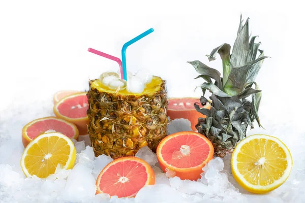 Fruit Cocktail Pineapple Ice Cubes White Background — Stock Photo, Image