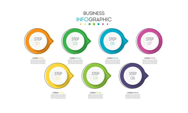 Üzleti infografikai elem 7 opcióval, lépéssel, számmal. Vektorsablontervezés — Stock Vector