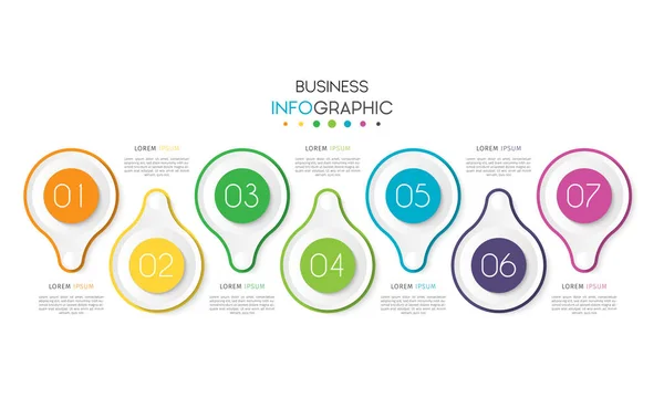 Üzleti adatok megjelenítése. Idővonal infografikai elem 7 opcióval, lépéssel, számvektor sablontervezéssel — Stock Vector