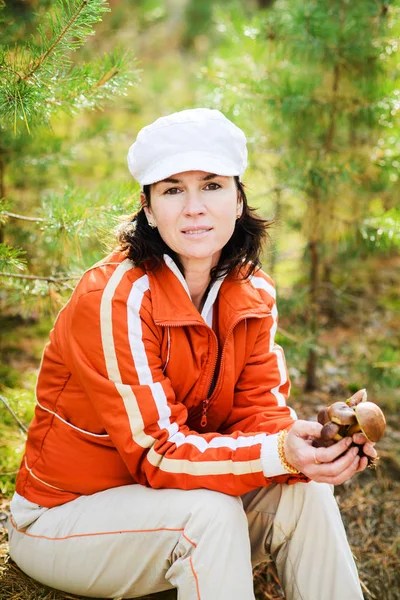 Portrait Adult Woman Gathering Mushrooms Forest Sunny Autumn Day Stock Photo