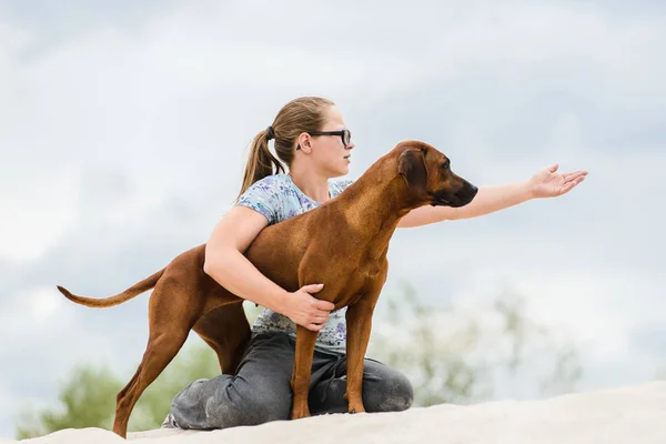 Meisje tonen iets naar haar rhodesian ridgeback hond — Stockfoto