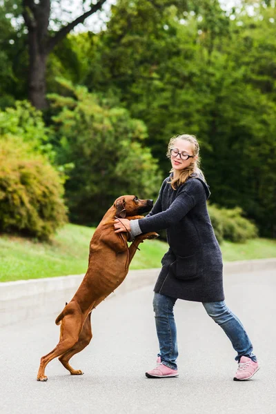 Gelukkig meisje spelen met haar vrolijke hond, springen, dansen — Stockfoto
