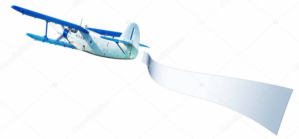airplane with a banner against a white background