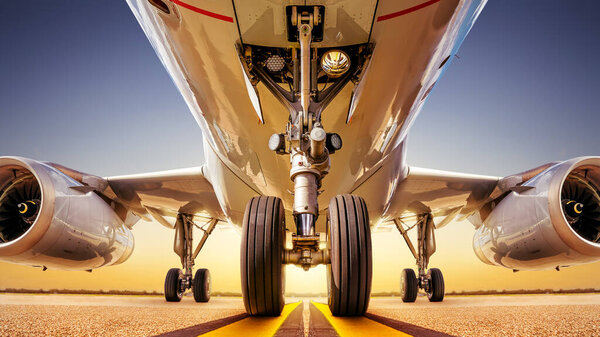 modern airliner against a sunset