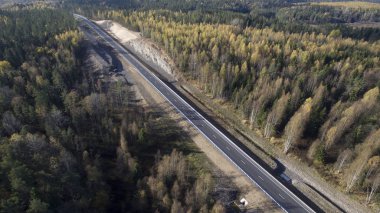 Sonbahar ormanındaki yol. Kuzey ormanında seyahat