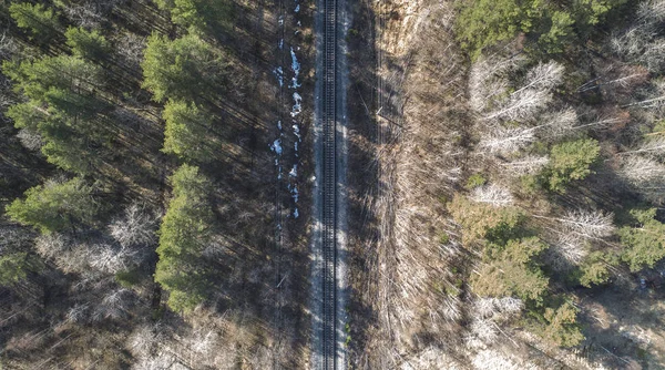 Vista aérea alta do drone de uma estrada de ferro através da floresta da mola. Lugares rurais — Fotografia de Stock