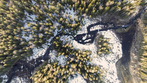 Vista aérea na natureza selvagem floresta rural com lago e neve derretendo na primavera — Fotografia de Stock