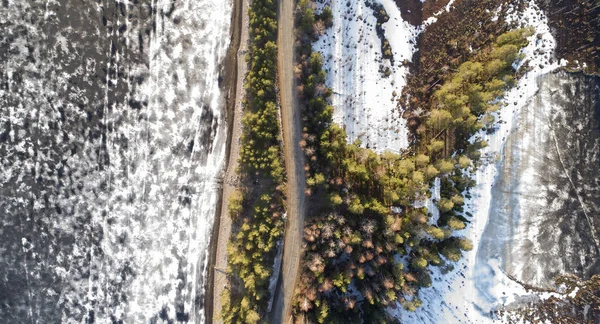 Vista aérea da estrada rural da primavera na floresta de pinheiros amarelos com lago de gelo derretido — Fotografia de Stock