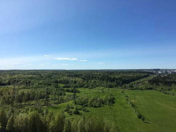 緑の草原と明るい青空。バック グラウンド. — ストック写真