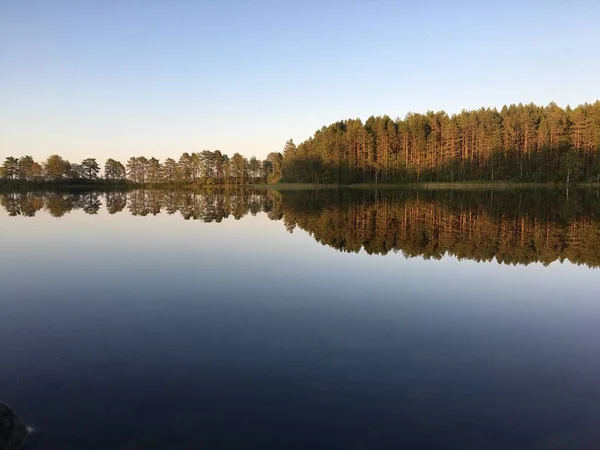 Reflexões perfeitas sobre o lago na noite de verão com cores quentes — Fotografia de Stock