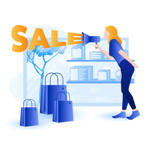 Grand opening sale banner - sale concept illustration. Woman with megaphone is promoting sale at shop. — Stock Vector