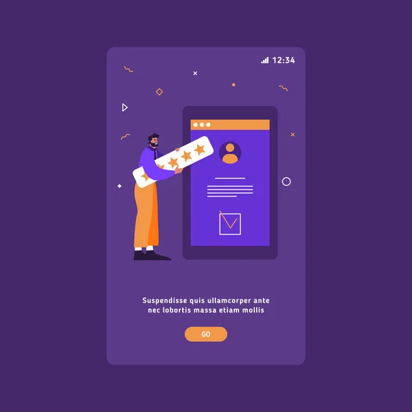 Ilustração perfeita do vetor da satisfação do cliente. A melhor pontuação de desempenho, a pontuação de cinco pontos. Homem deixa 5 estrelas feedback e comentários — Vetor de Stock