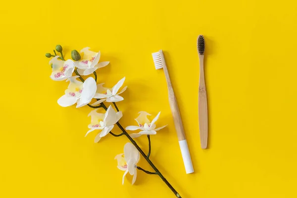 Natural eco-friendly bamboo brushes and orhid flower on paper yellow background. Copy space for text or your design Top view Flat lay