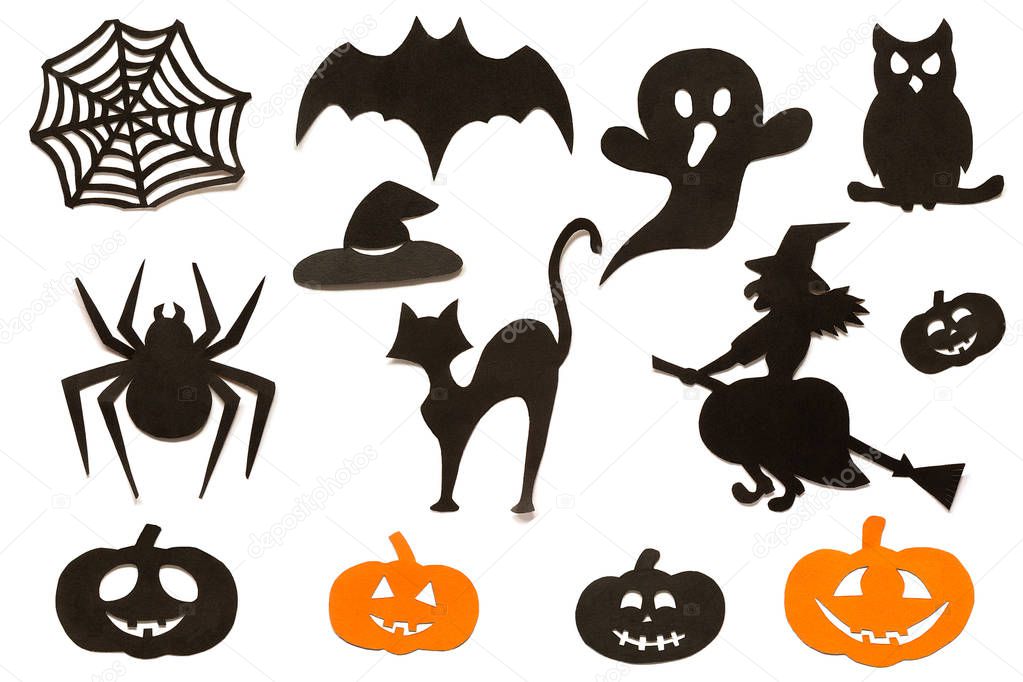 Happy Halloween Set silhouettes cut out of black orange paper isolated on white background.