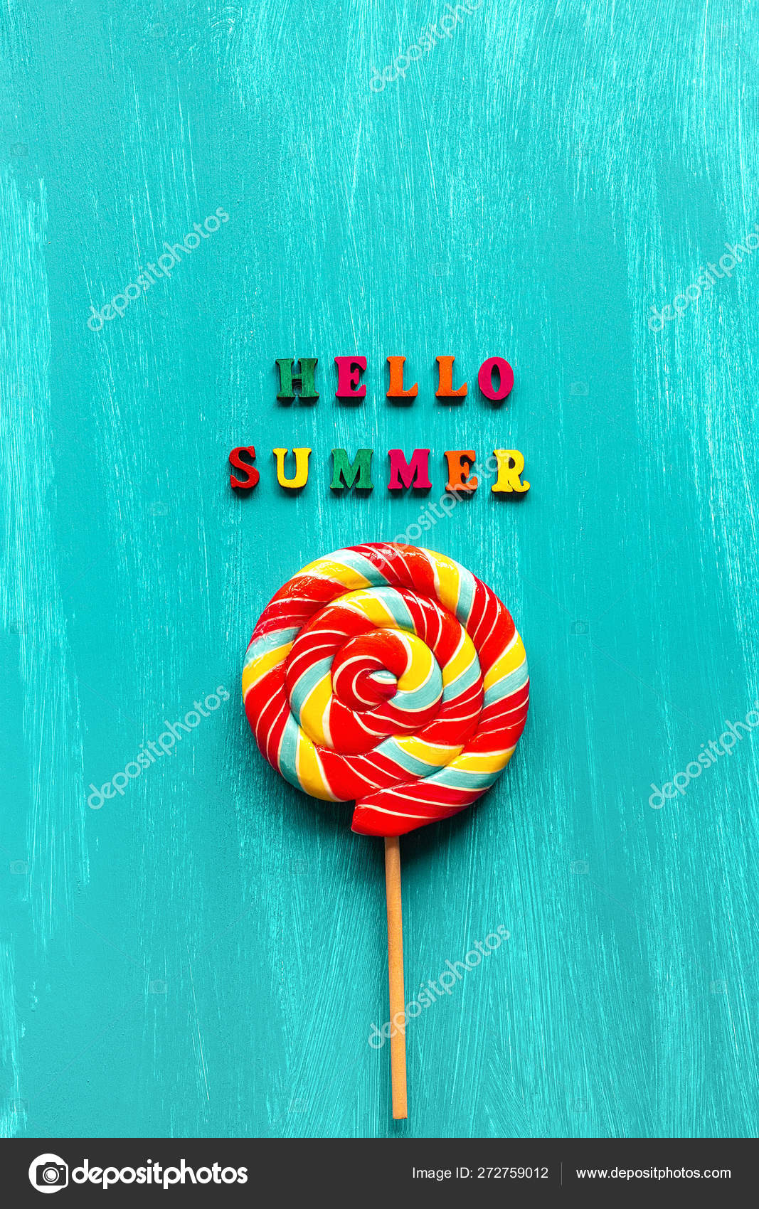 Download Hello Summer Text From Colorful Letters And Spiral Multi Colored Round Lollipop On Stick On Wooden Blue Background Concept Creative Top View Template Greeting Card Royalty Free Photo Stock Image By C Ikrolevetc