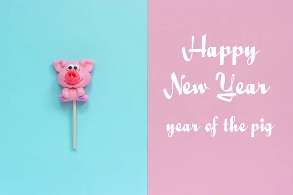 Pig lollipop and text Happy New Year — Stock Photo, Image