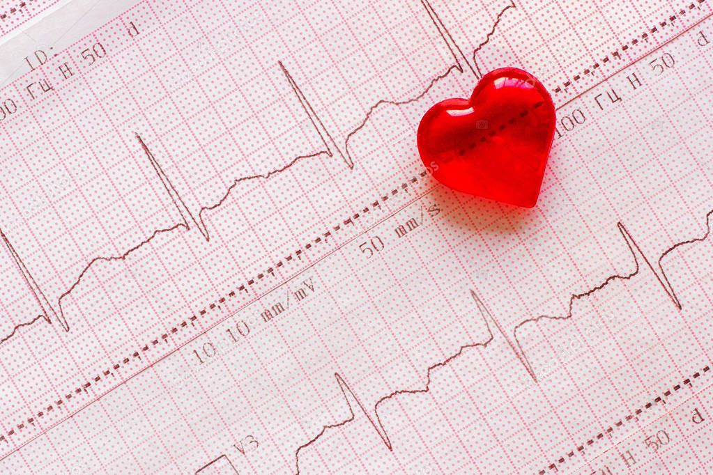 Plastic heart on the background of the electrocardiogram (ECG). 