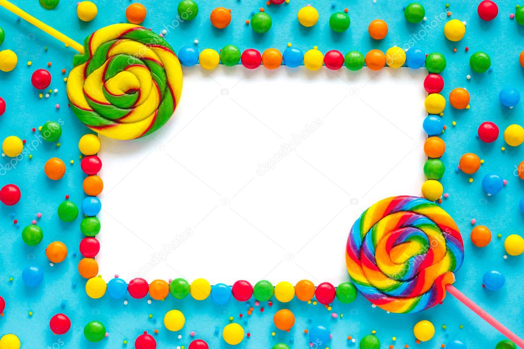 Rainbow candy background, frame mockup isolated, greeting card