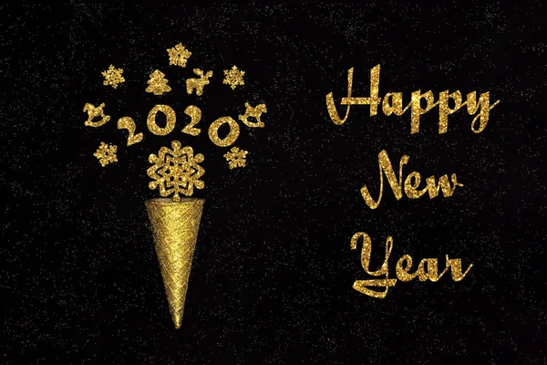 New year Text. Golden waffle cone with figures 2020 and Christmas decorations, snowflakes on black backgroun. Holiday and celebration concept. Greeting card Layout — Stock Photo, Image