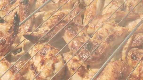 Frying chicken wings on the grill, close up. Cooking barbecue on sunny summer day at picnic — Stock Video