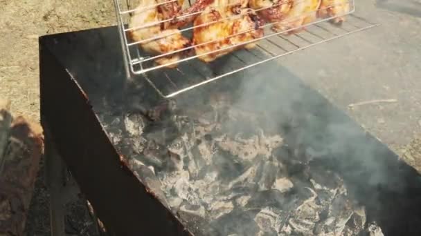 Mans hand turns the barbecue on the grill. Frying chicken wings on the grill, close up. Cooking barbecue on a sunny summer day at picnic — Stock Video