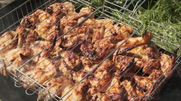 Frying Chicken Wings Grill Close Cooking Barbecue Sunny Summer Day — Stock Video