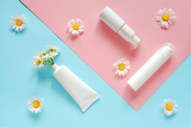 Papatya çiçekleri ve kozmetik, tıbbi beyaz Tüp, krem, merhem, diş macunu veya diğer ürün için şişe. Konsept doğal bitkisel organik kozmetik, homeopatik kozmetoloji mockup kopya alanı
