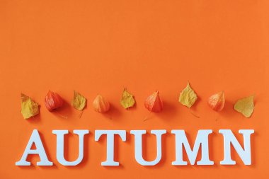 Turuncu kağıt arka plan üzerinde beyaz harfler ve parlak sonbahar yaprakları kelime Sonbahar