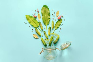 Pickled cucumbers. Ingredients for marinated gherkins and glass jar on blue background.  clipart