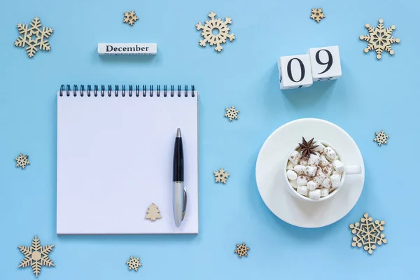 Calendário Madeira Dezembro Copo Cacau Com Marshmallow Anis Estrelado Bloco — Fotografia de Stock