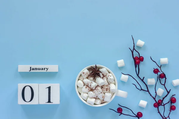 Biały Drewniany Kalendarz Kostki Stycznia Kubek Kakao Marshmallows Ozdobną Gałąź — Zdjęcie stockowe