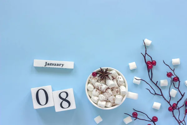 Cubes Calendrier Bois Blanc Avec Janvier Coupe Cacao Guimauves Branche — Photo