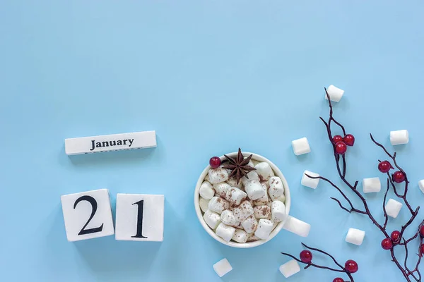 Cubos Calendário Madeira Branca Com Janeiro Xícara Cacau Marshmallows Ramo — Fotografia de Stock