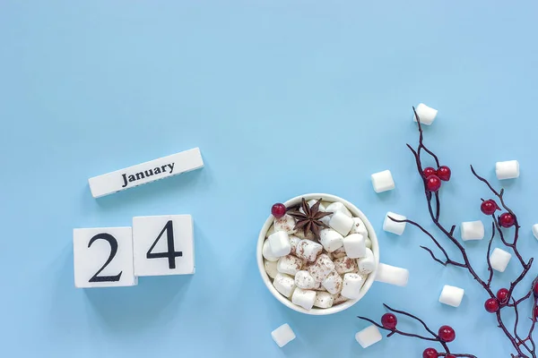 Cubos Calendário Madeira Branca Com Janeiro Xícara Cacau Marshmallows Ramo — Fotografia de Stock