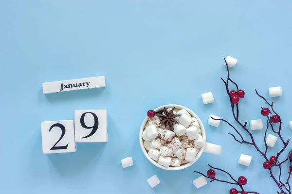 1月29日の白い木製のカレンダーキューブ 青い背景に赤いベリーとココア マシュマロと装飾的な枝のカップ — ストック写真