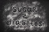 Картина, постер, плакат, фотообои "words sugar - diabetes on scattering of sugar crystals, black background", артикул 292352878