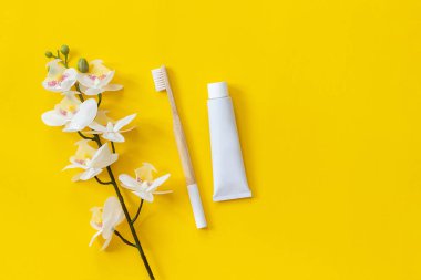 Doğal çevre dostu bambu fırça, diş macunu ve orkide çiçek tüp