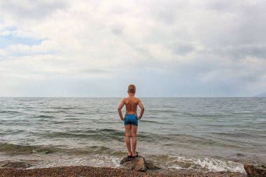göl kıyısında taş üzerinde duran çocuğun arka görünümü