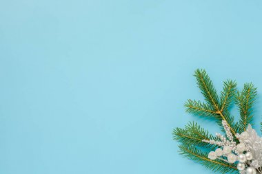 Mavi arka plan üzerinde yeşil köknar dalı gümüş renkli noel dekorasyon. Konsept Mutlu noel ler veya mutlu yıllar. Kopya alanı Üst görünüm Tasarım, kart, davetiye için Düz lay Şablonu