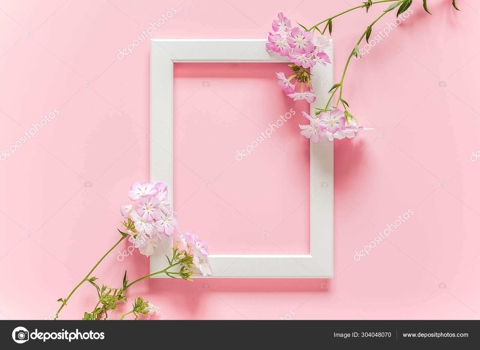 Moldura de madeira branca e flores no fundo rosa com espaço de