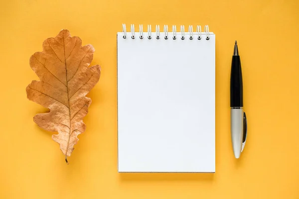 Sonbahar kompozisyonu. Beyaz boş not defteri, kurutulmuş portakal meşe yaprağı ve sarı arka plan üzerinde kalem. Üst görünüm Düz lay Mockup Şablon u tasarımınız için — Stok fotoğraf