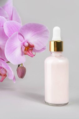 Pembe yaşlanma önleyici kolajen, şeffaf cam şişede altın pipet ve gri arka planda doğal orkide çiçeği olan yüz serumu. Doğal Organik Spa Güzellik Konsepti. Ön görünüm.
