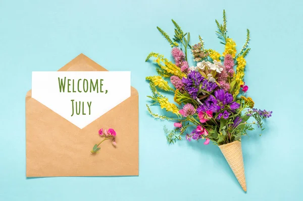 Welcome July Text Paper Card Craft Envelope Bouquet Field Colored — Stock Photo, Image